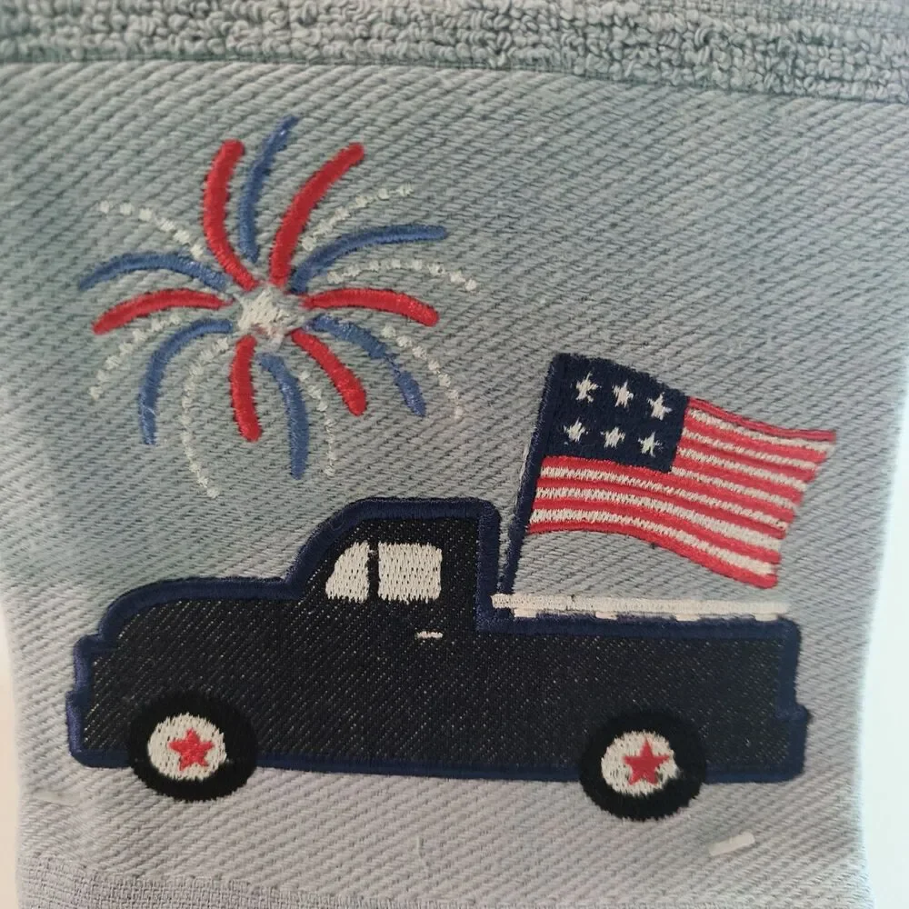 Patriotic Kitchen Towels Set of Two Fireworks Flag and Truck Embroidered 100% Co